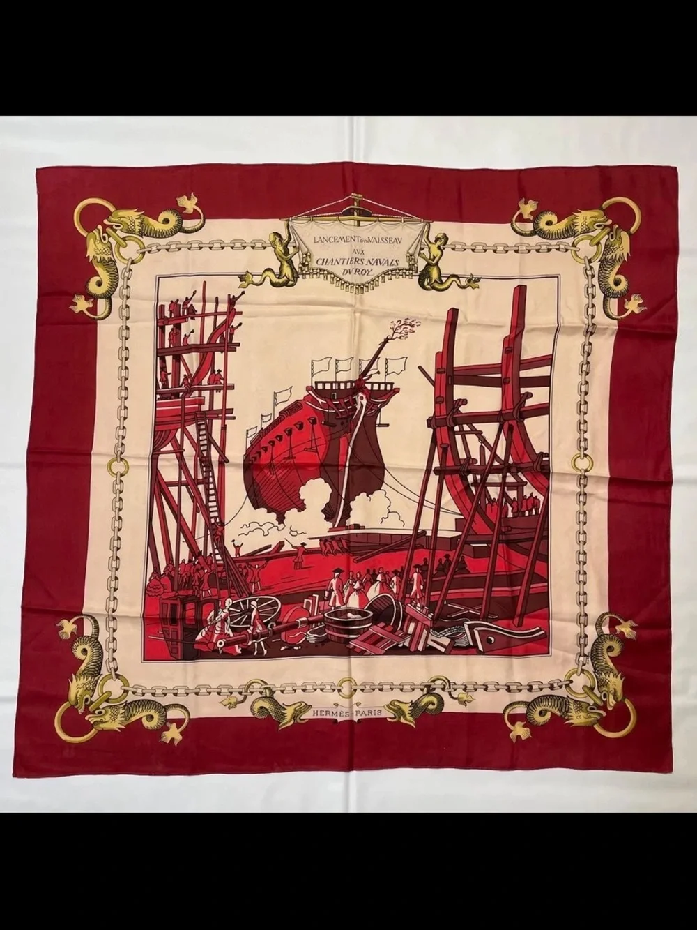 Hermes Red Pink Gold Silk Scarf with Nautical Chain and Dragon Motif